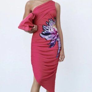 ZARA SIDE FLOWER DRAPED DRESS pink MULTICOLOR REF 8540/313